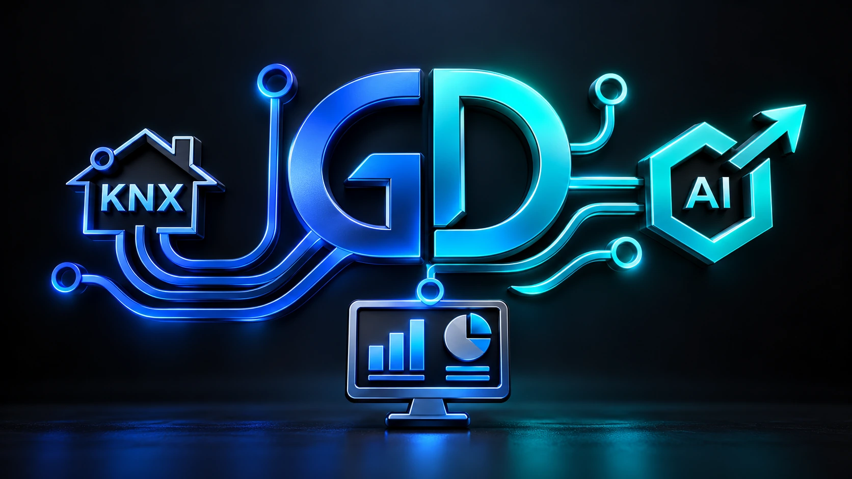 3D-GD-Logo mit Symbolen für KNX, KI und Geschäftssysteme